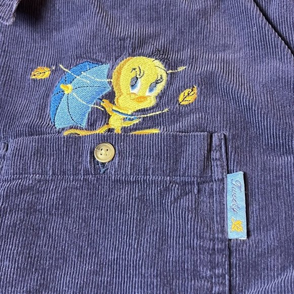 Vintage Looney Tunes Tweety Bird Long Sleeve Corduroy Button Shirt Blue Sz XL - Picture 4 of 8